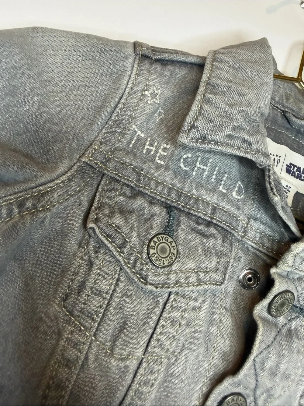 GAP Gray Denim Kids Jacket with Grogu & Patch Accents